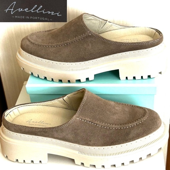 Like New! Avellini Made in Portugal Suede Lug Sole Mules/Clogs Taupe Size 41/9.5 - Picture 1 of 13